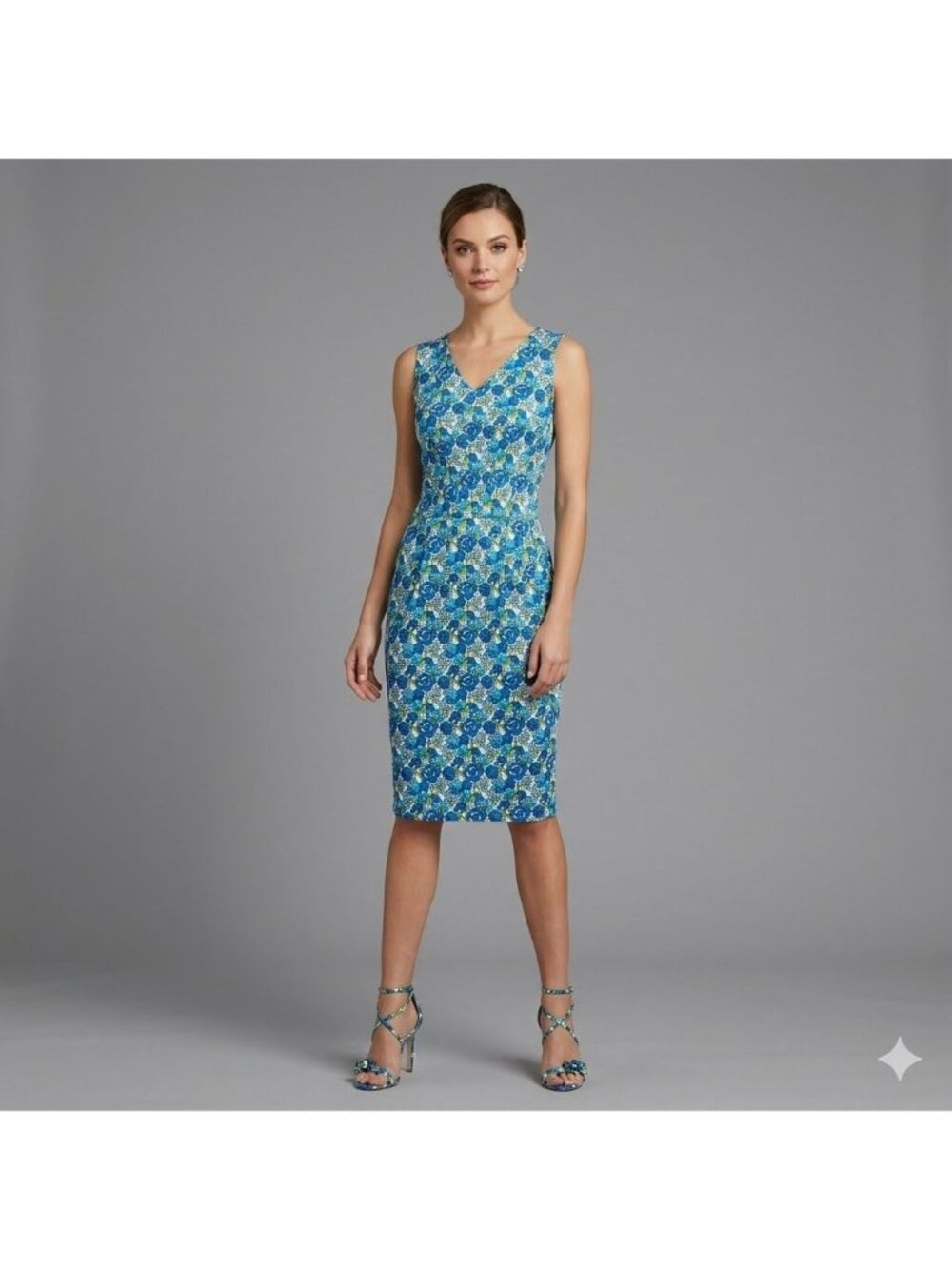 Leota Blue Floral Sleeveless Pockets V-Neck Midi Dress XS